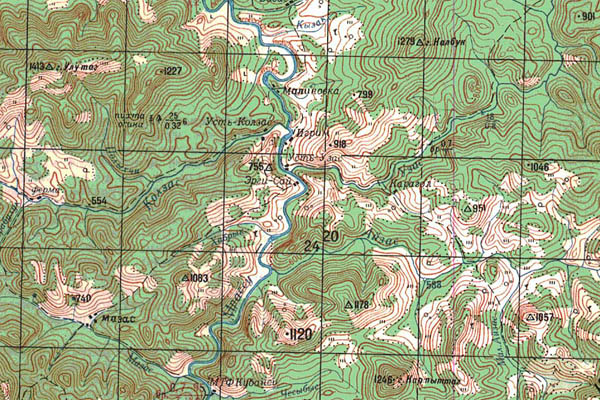 Уменьшенный фрагмент представленной топографической карты N-45-35 - Trasa.ru
