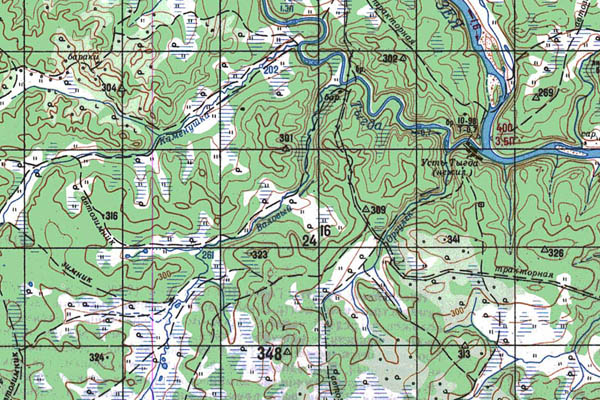 Уменьшенный фрагмент представленной топографической карты N-52-32 - Trasa.ru