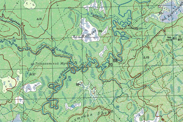 Уменьшенный фрагмент представленной топографической карты O-44-19 - Trasa.ru