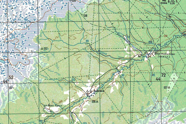 Уменьшенный фрагмент представленной топографической карты O-44-25 - Trasa.ru