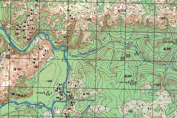 Уменьшенный фрагмент представленной топографической карты O-50-23 - Trasa.ru