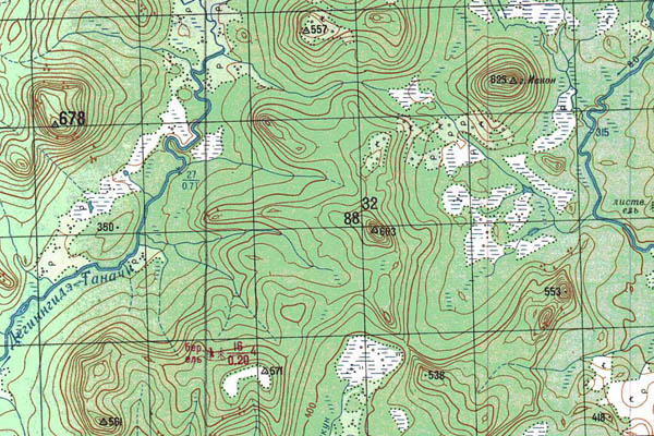 Уменьшенный фрагмент представленной топографической карты P-46-01_02 - Trasa.ru