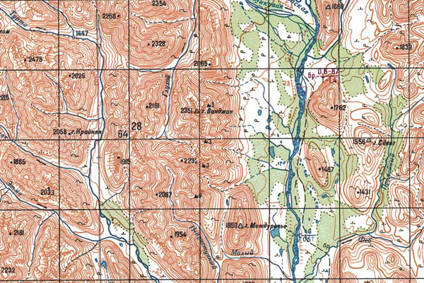 Уменьшенный фрагмент представленной топографической карты P-54-21_22 - Trasa.ru