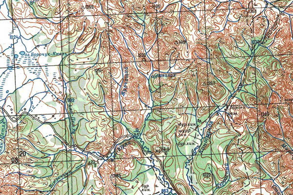 Уменьшенный фрагмент представленной топографической карты P-55-07_08 - Trasa.ru