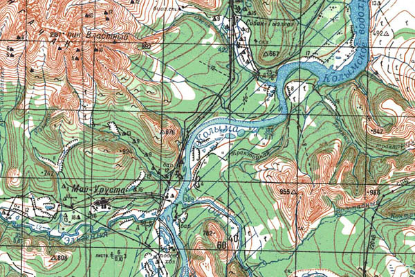 Уменьшенный фрагмент представленной топографической карты P-55-23_24 - Trasa.ru
