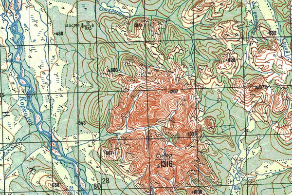 Уменьшенный фрагмент представленной топографической карты P-57-01_02 - Trasa.ru