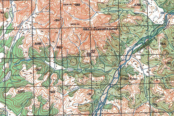 Уменьшенный фрагмент представленной топографической карты P-58-01_02 - Trasa.ru