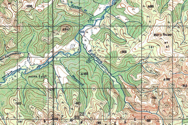 Уменьшенный фрагмент представленной топографической карты P-58-03_04 - Trasa.ru