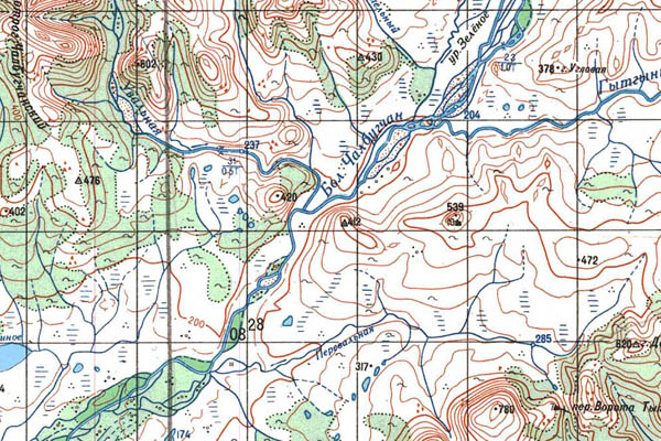 Уменьшенный фрагмент представленной топографической карты P-58-09_10 - Trasa.ru