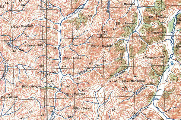 Уменьшенный фрагмент представленной топографической карты P-60-07_08 - Trasa.ru