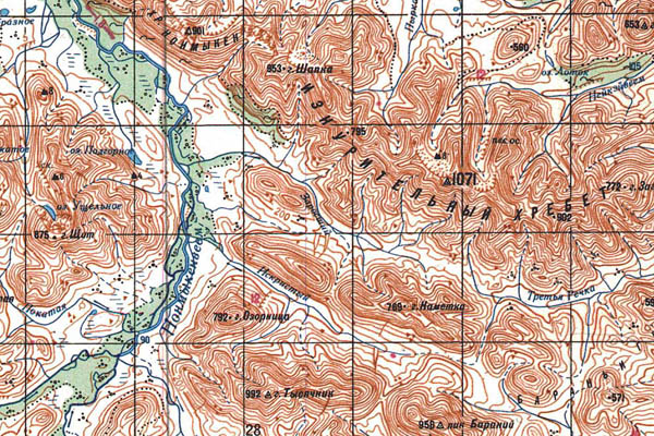 Уменьшенный фрагмент представленной топографической карты P-60-09_10 - Trasa.ru