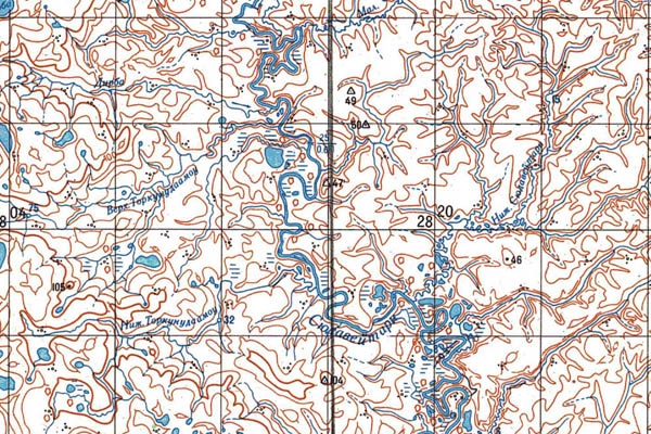 Уменьшенный фрагмент представленной топографической карты S-45-27_28 - Trasa.ru